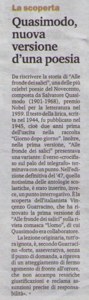 Gazzetta del Sud del 23 dicembre 2008 pag.22: Quasimodo, nuova versione d’una poesia