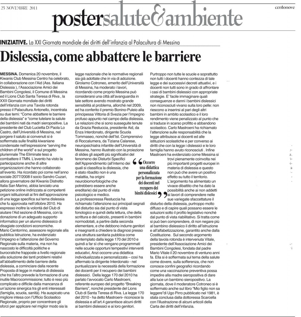 Rassegna Stampa:Dislessia – Come abbattere le barriere ( da ” Centonove “)