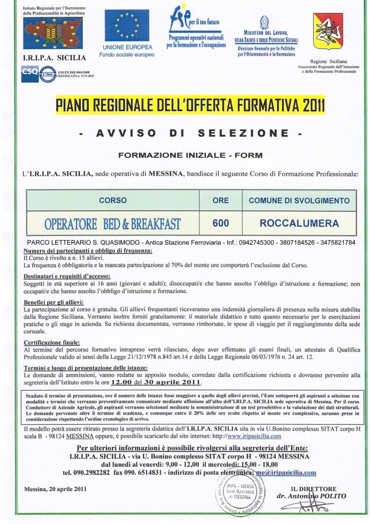 Corso Regionale di Operatore B&B al Parco Quasimodo di Roccalumera