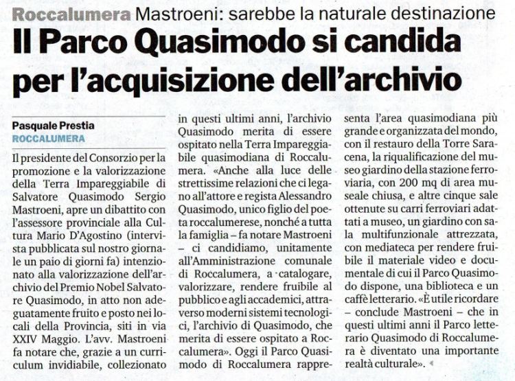 24 agosto 2008 – Articolo pubblicato da Gazzetta del Sud – Roccalumera, Il Parco Quasimodo si candida per l’acquisizione dell’archivio.