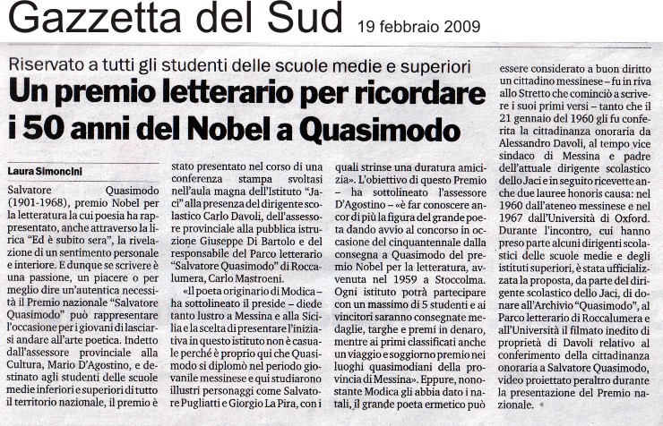 Gazzetta del Sud  – 19 febbraio 2009 – Un premio letterario per ricordare i 50 anni del Nobel a Quasimodo