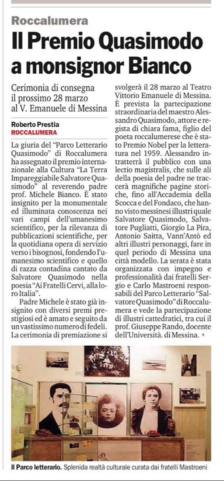 Articolo della ” Gazzetta del Sud ” , sul premio ” Salvatore Quasimodo “