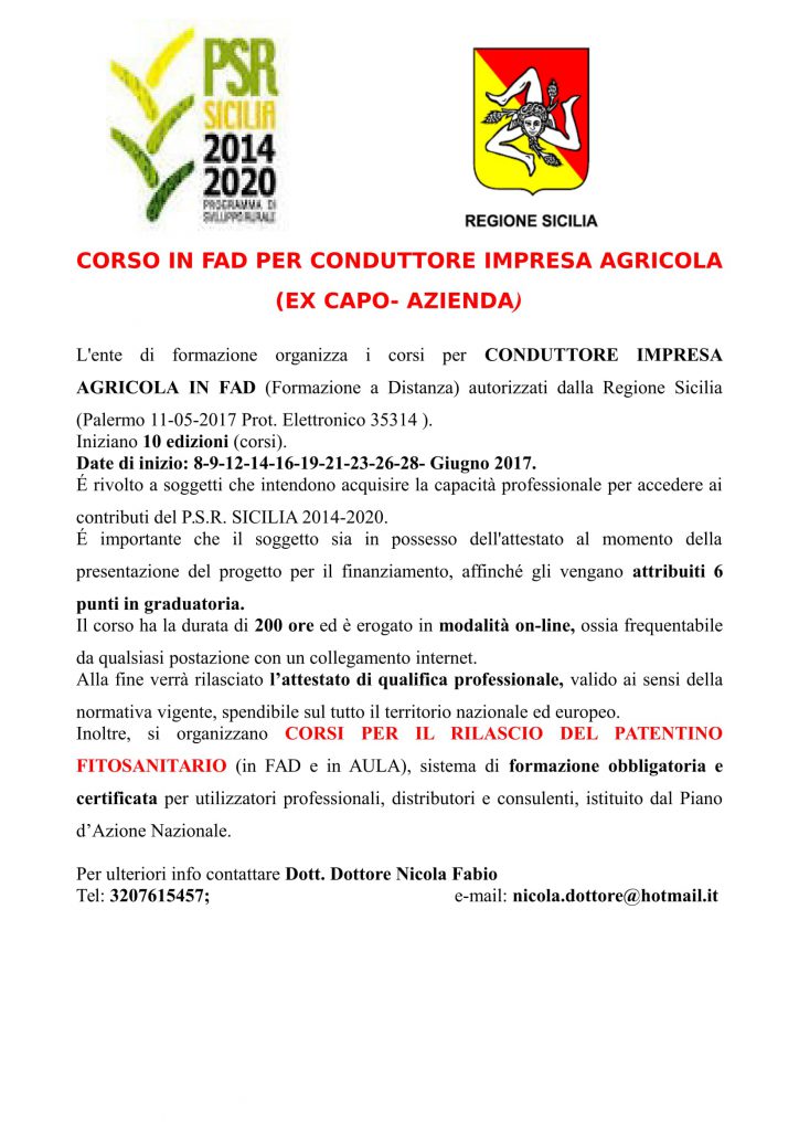 Il Parco per il territorio : Corso di formazione per ” Conduttore  di impresa agricola “