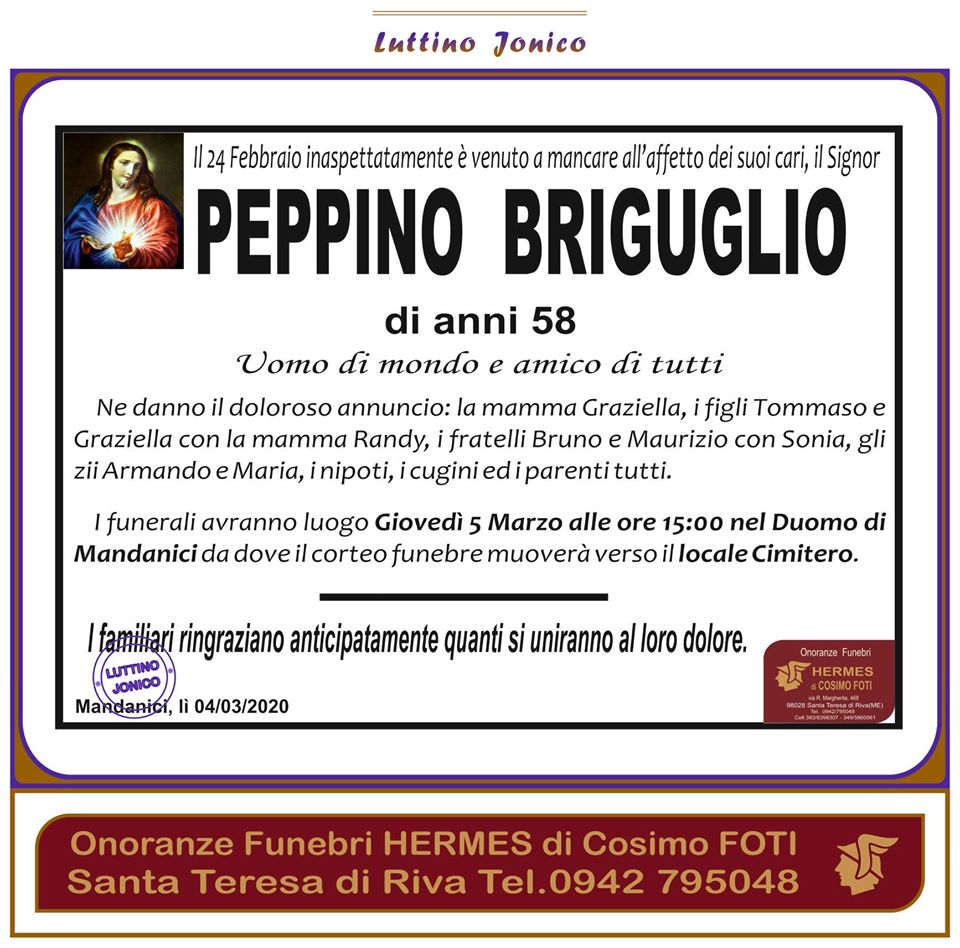 Oggi 5 Marzo si terranno i funerali di Peppino BRIGUGLIO